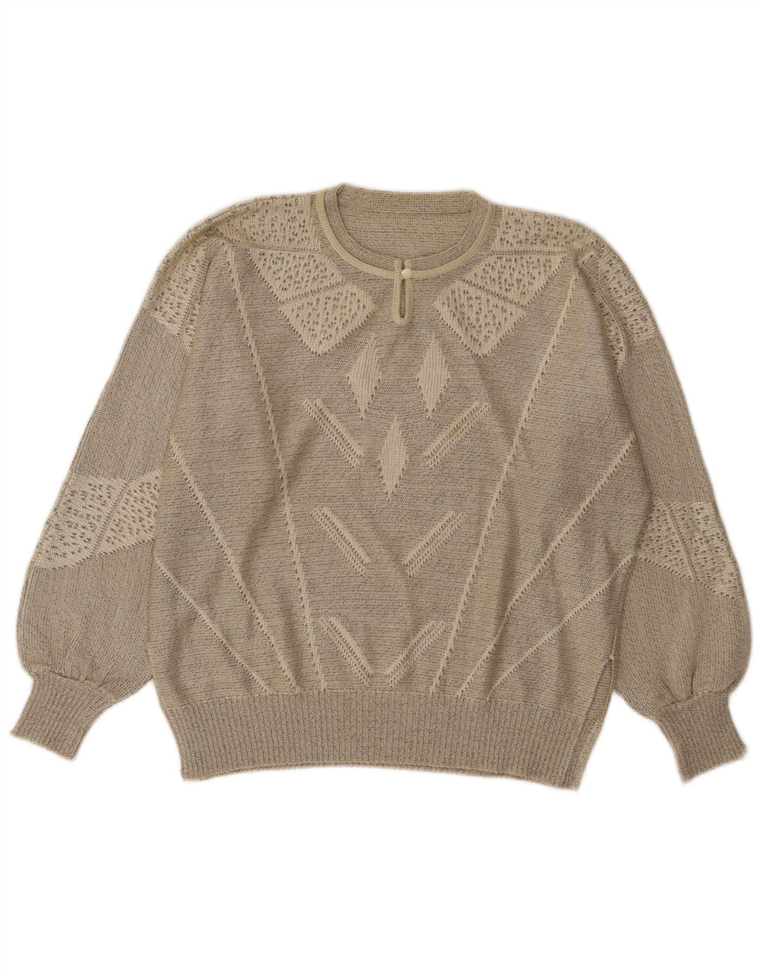 Vintage mujer botón cuello jersey suéter Reino Unido 14 grande gris geométrico