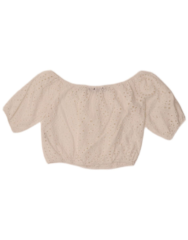 Zara Top corto con hombros descubiertos para mujer UK 10 Small White Cotton