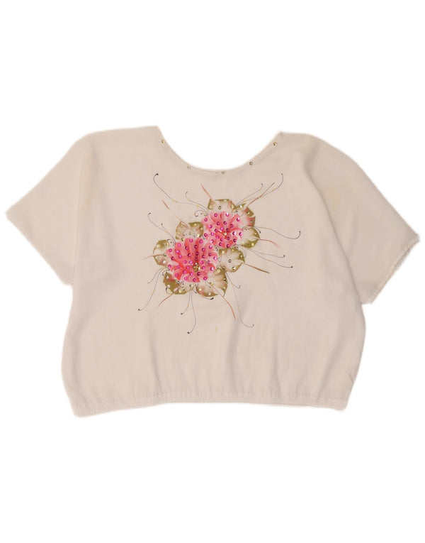 Vintage mujer crop blusa top Reino Unido 18 XL blanco floral