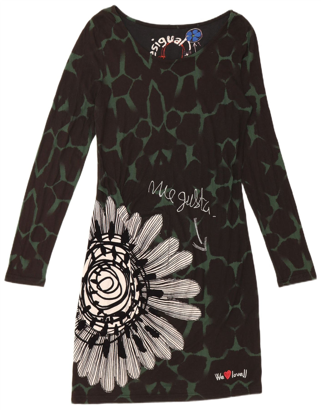 DESIGUAL Vestido tubo de manga larga gráfico para mujer UK 42 Mediano Negro Floral