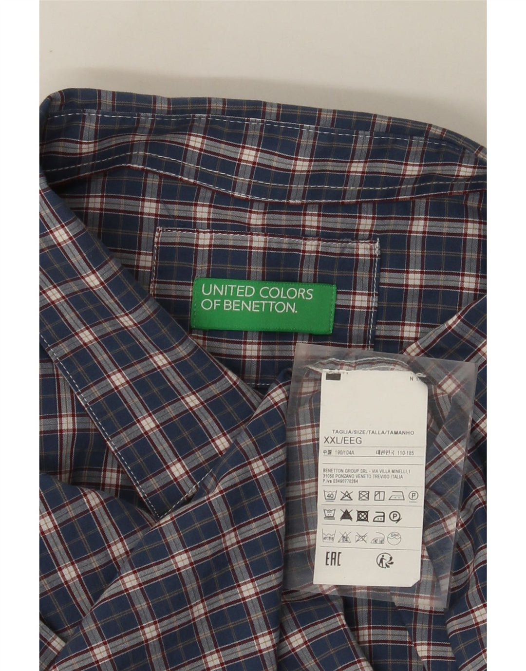 Camisa Benetton Hombre 2XL Algodón A Cuadros Azul Marino
