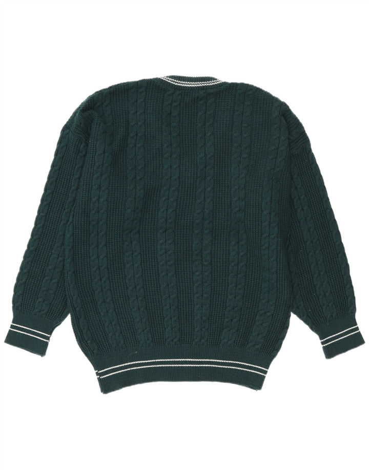 Vintage hombres V-cuello jumper suéter grande verde rayas