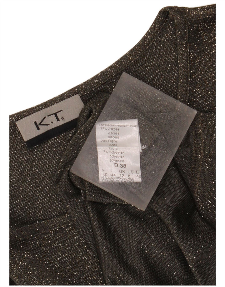 VINTAGE Mujer Top Manga Larga Reino Unido 12 Viscosa moteada verde medio