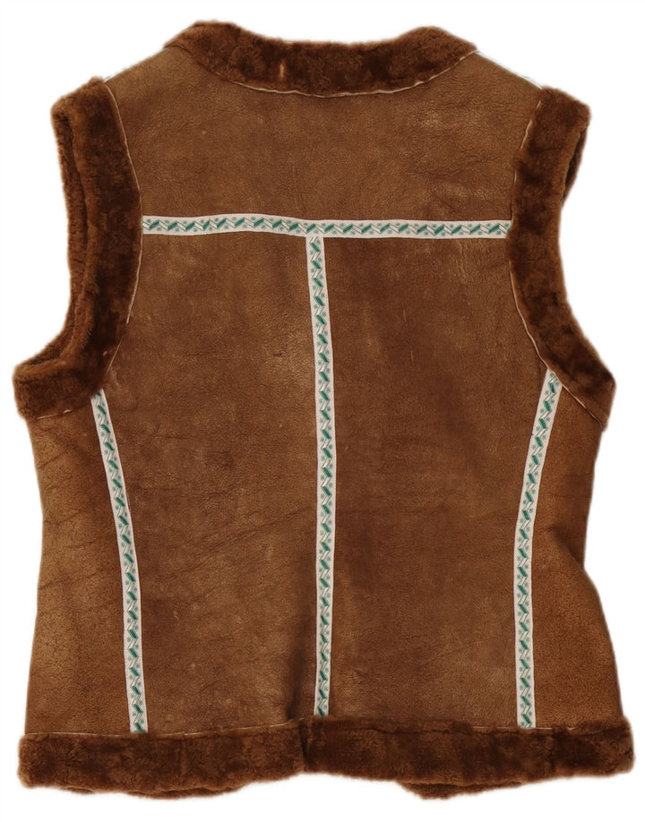 Vintage mujeres shearling gilet Reino Unido 12 marrón medio geométrico