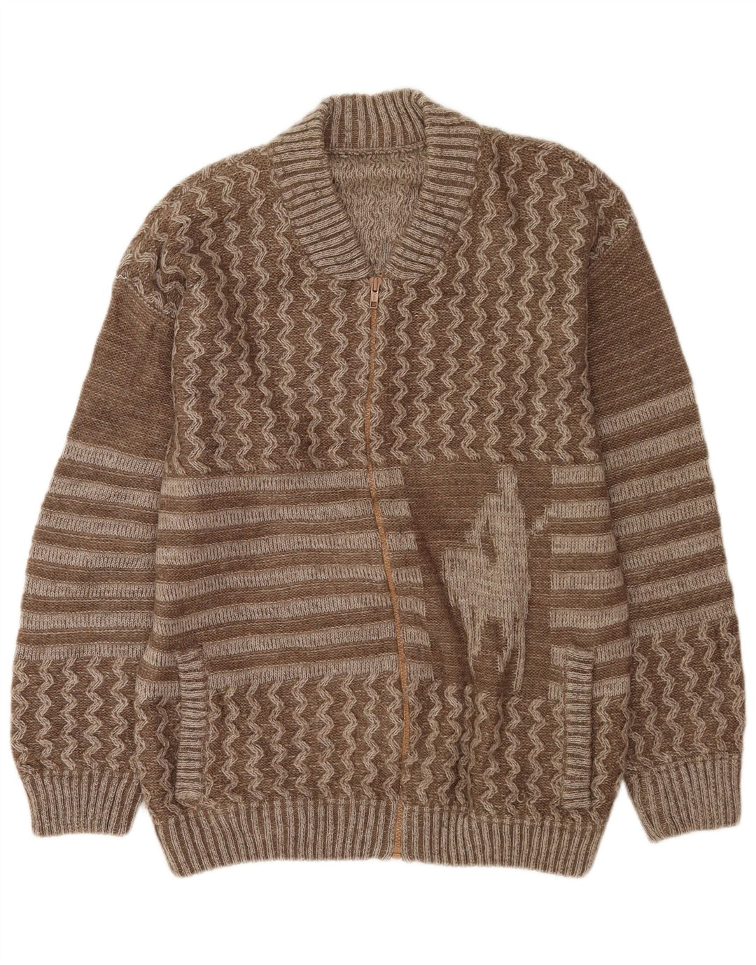 Vintage hombres gráfico cardigan suéter grande marrón patchwork lana