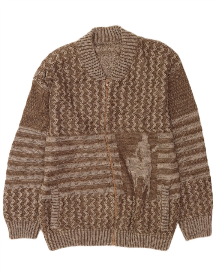 Vintage hombres gráfico cardigan suéter grande marrón patchwork lana