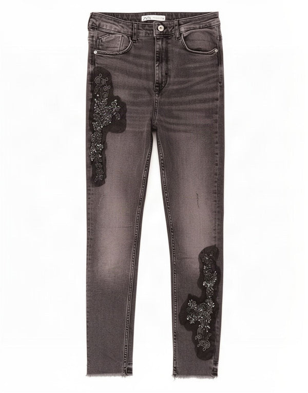 Zara Jeans Ajustados Cortos para Mujer EU 38 Small W28 L25 Gris Floral