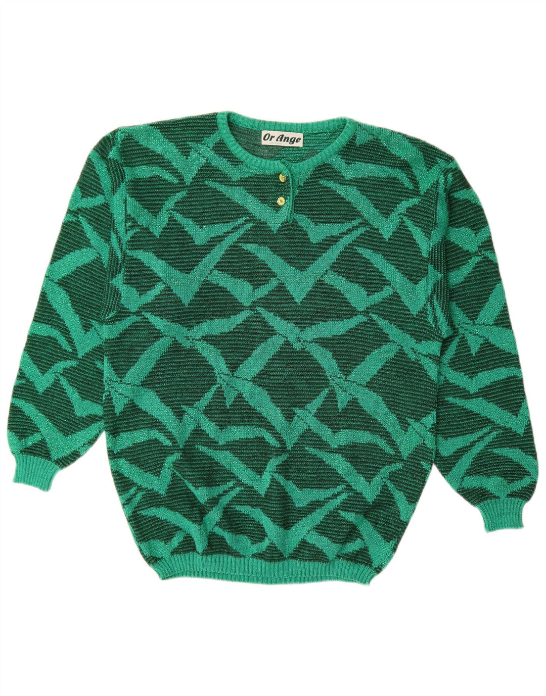 Vintage mujeres patrón abstracto cuello redondo jersey suéter Reino Unido 16 verde grande