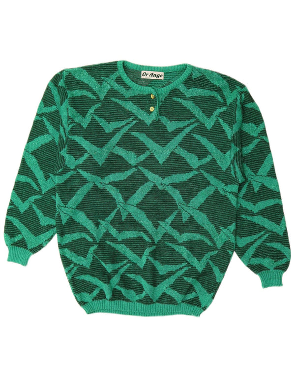 Vintage mujeres patrón abstracto cuello redondo jersey suéter Reino Unido 16 verde grande