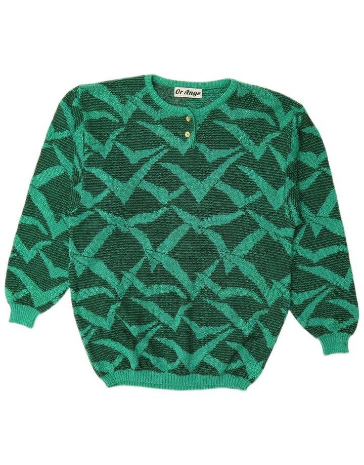 Vintage mujeres patrón abstracto cuello redondo jersey suéter Reino Unido 16 verde grande