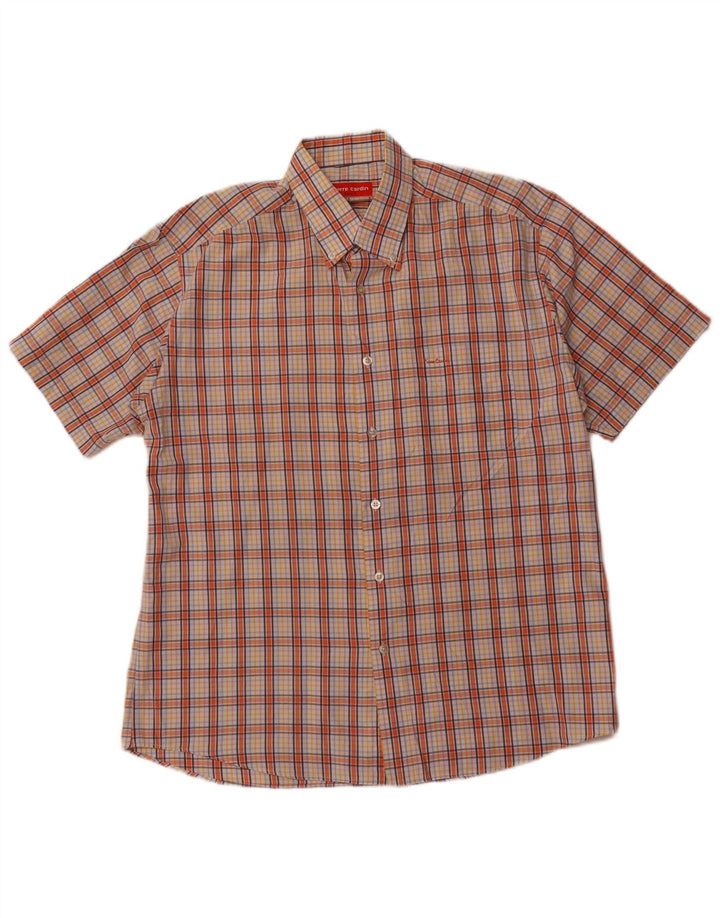 Pierre Cardin Camisa de manga corta para hombre Talla 40 Algodón a cuadros naranja mediano