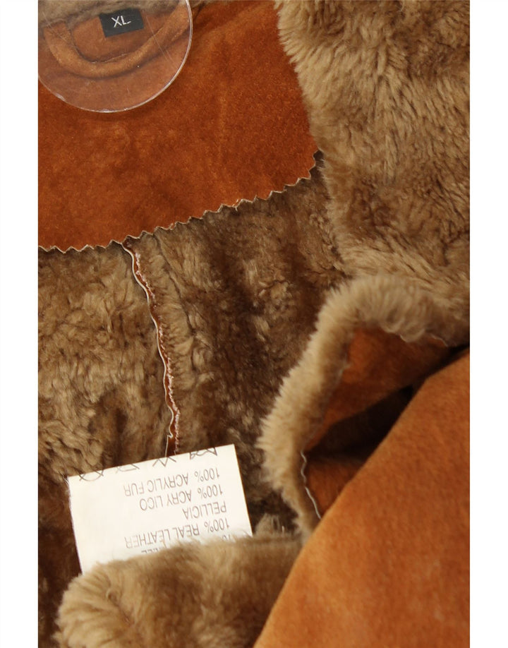 Vintage mujer shearling abrigo Reino Unido 18 XL cuero marrón