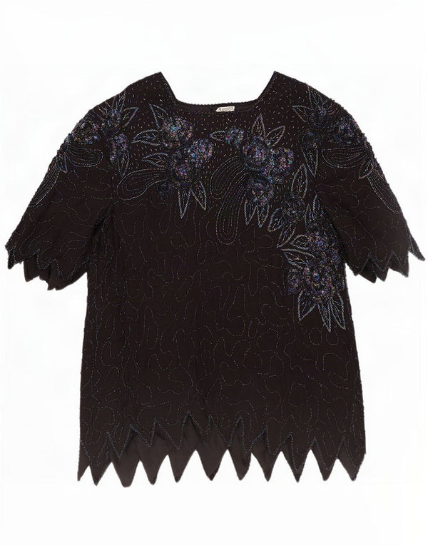 Vintage mujer noche blusa Top Reino Unido 18 XL negro floral seda