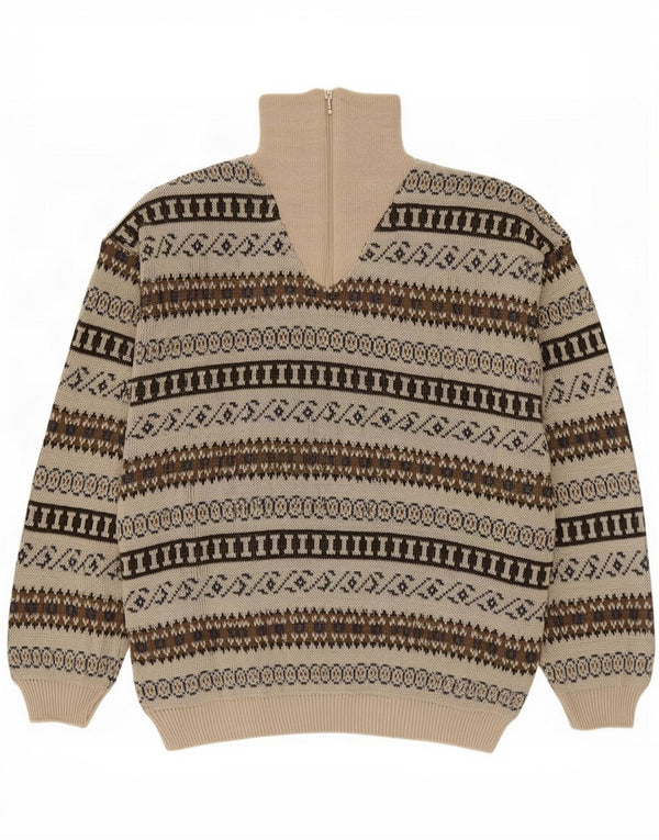 Vintage hombres zip cuello jersey suéter IT 54 XL beige geométrico acrílico