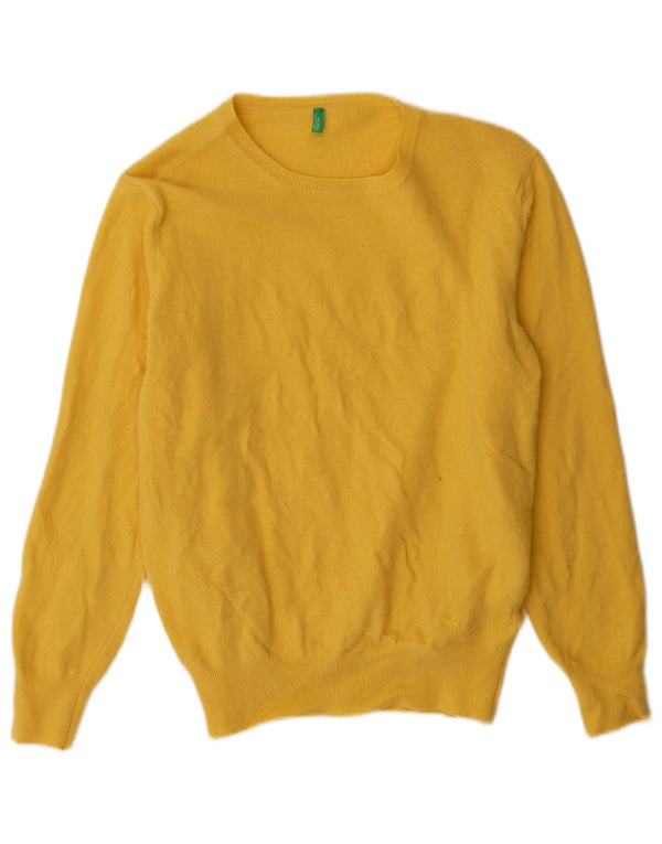 Benetton Jersey Mujer con Cuello Barco ES 40 XL Lana Virgen Amarilla