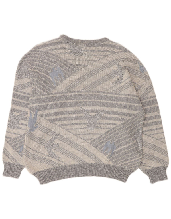 Vintage hombres cuello redondo jersey suéter IT 50 gris medio geométrico