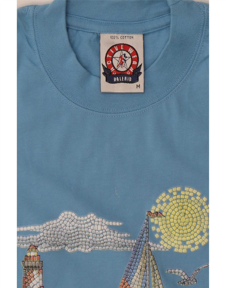Vintage hombres camiseta gráfica top algodón azul medio