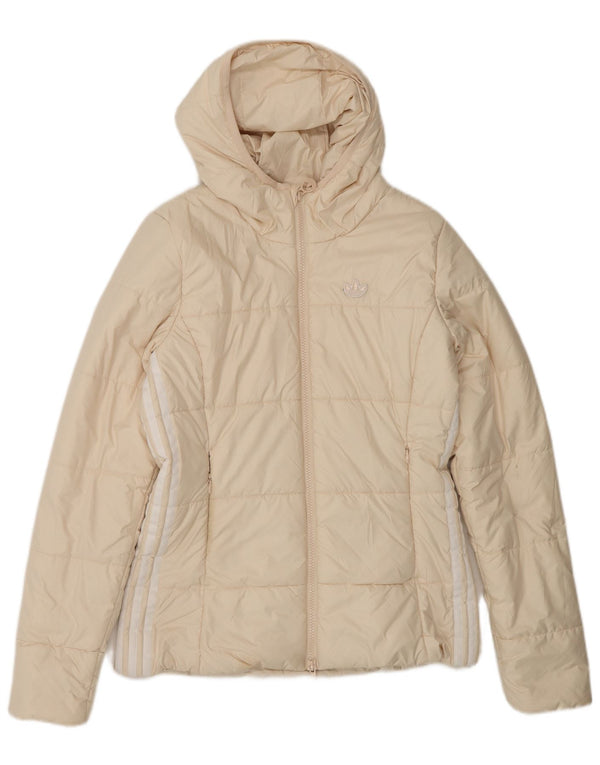 Adidas Chaqueta acolchada con capucha para mujer UK 10 Small Beige Colorblock Poliéster