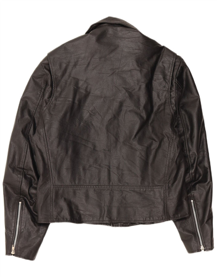 VINTAGE Chaqueta biker de cuero de gran tamaño para mujer Reino Unido 10 Pequeño cuero negro