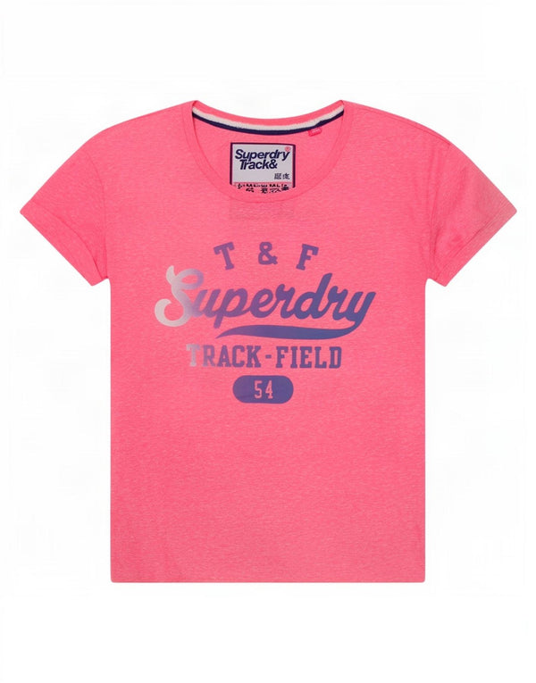 Superdry Mujer Camiseta Gráfica Top UK 44 Poliéster Moteado Rosa Mediano