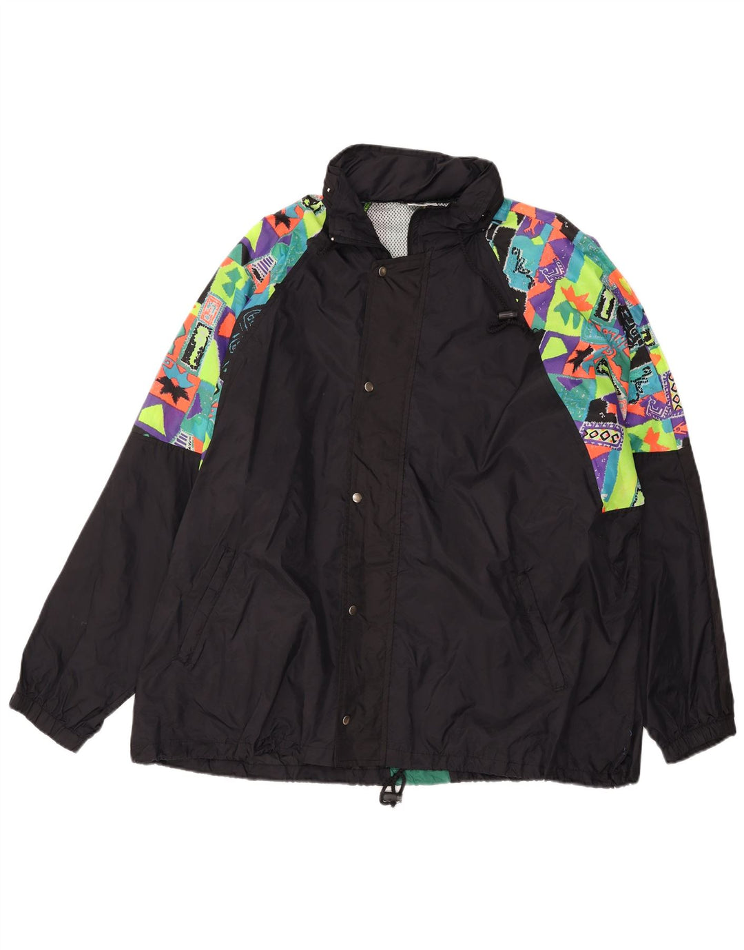 VINTAGE Chaqueta de lluvia con capucha para hombre Reino Unido 44 2XL Negro Geométrico