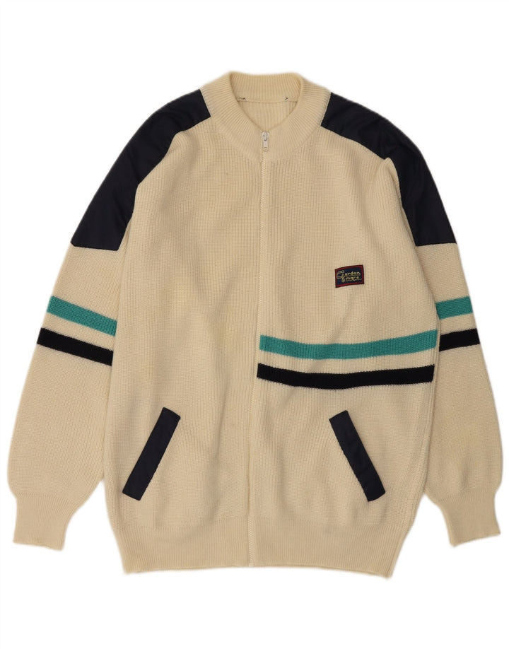 Vintage hombre cardigan suéter medio off blanco colorblock