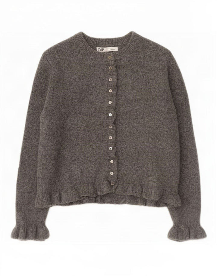 Zara Mujer Crop Cardigan Suéter UK 12 Poliéster Gris Medio