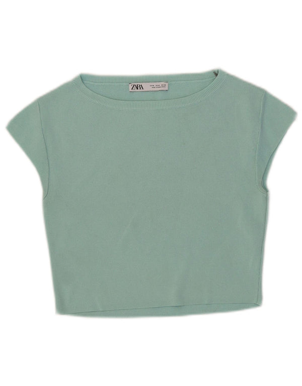 Zara Mujer Crop Camiseta Top UK 12 Medium Turquesa Viscosa