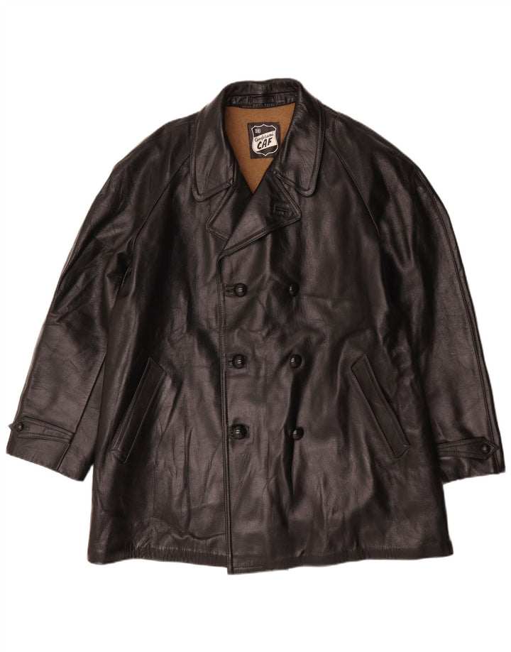 Vintage hombres doble pecho chaqueta de cuero IT 58 4XL negro