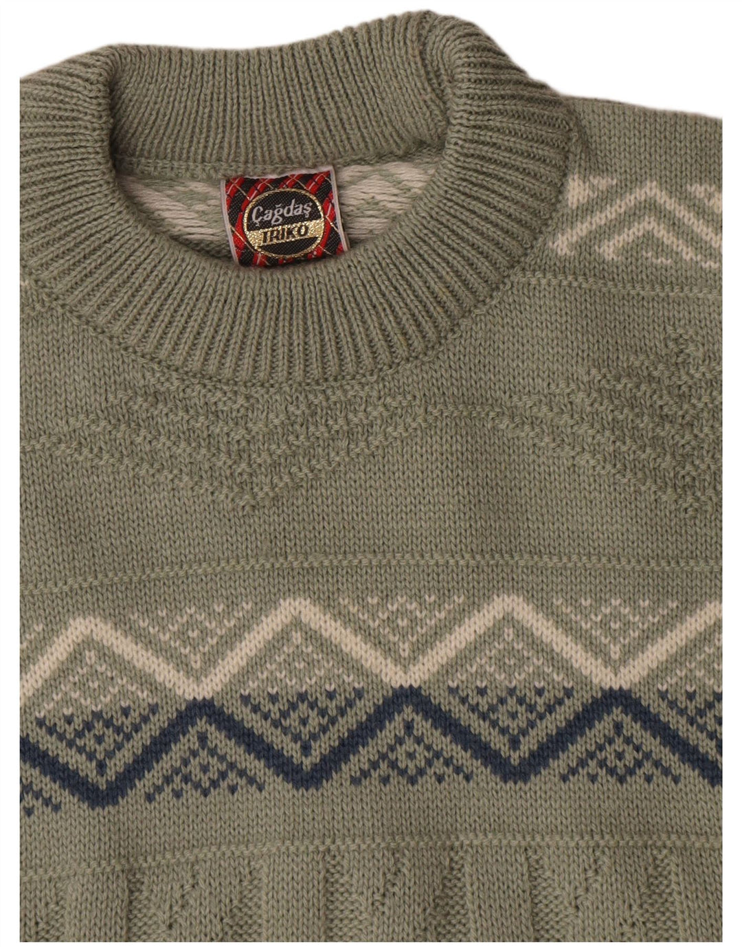 Vintage hombres cuello redondo jersey suéter medio caqui algodón geométrico