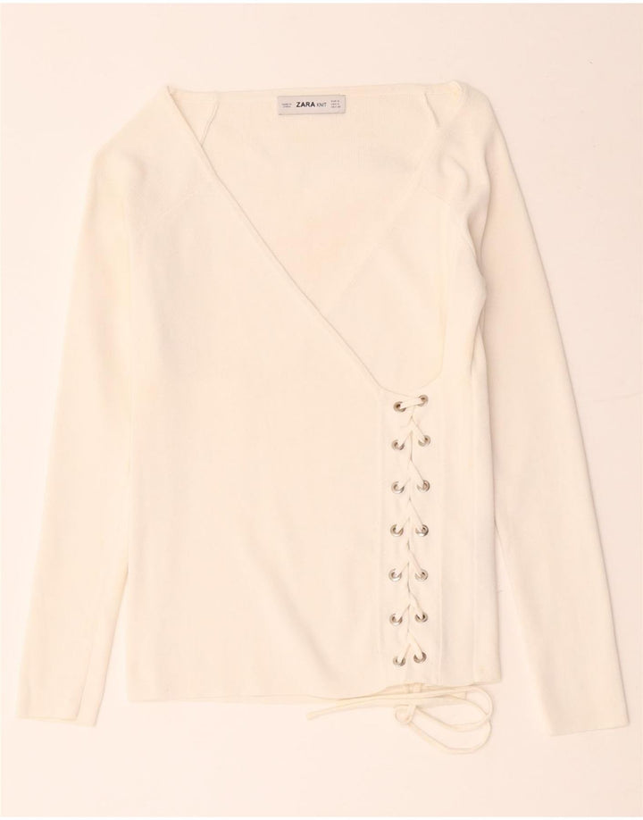 Zara Mujer Blusa Cruzada De Manga Larga Top UK 8 Small Viscosa Blanca