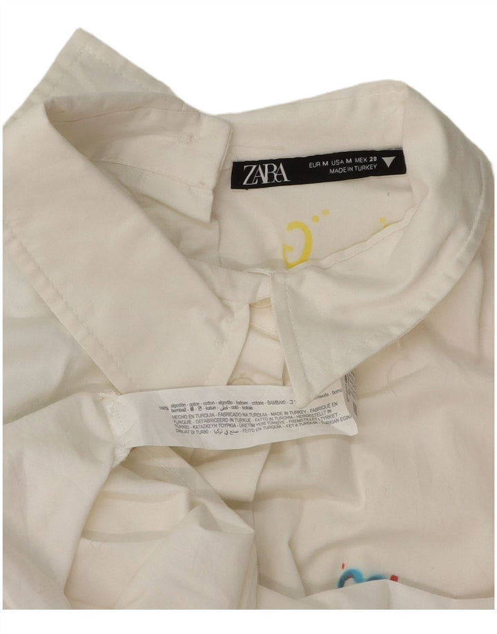 Zara Mujer Camisa Extragrande UK 44 Algodón Geométrico Blanco Mediano