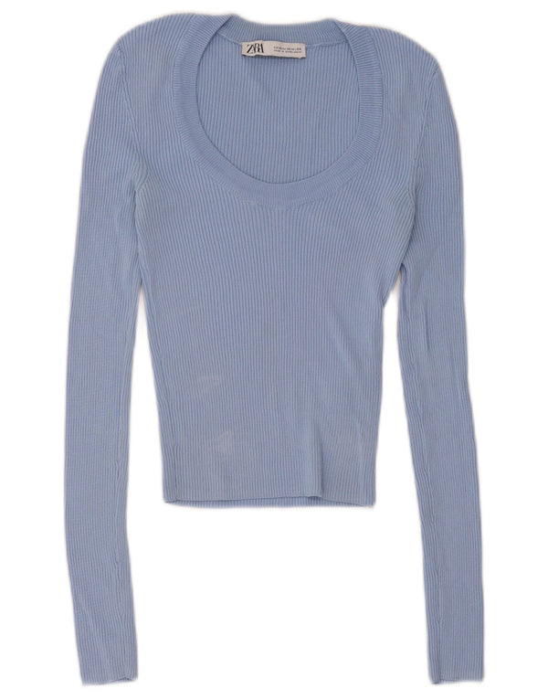 Zara Mujer Crop Top Manga Larga UK 4 XS Viscosa Azul