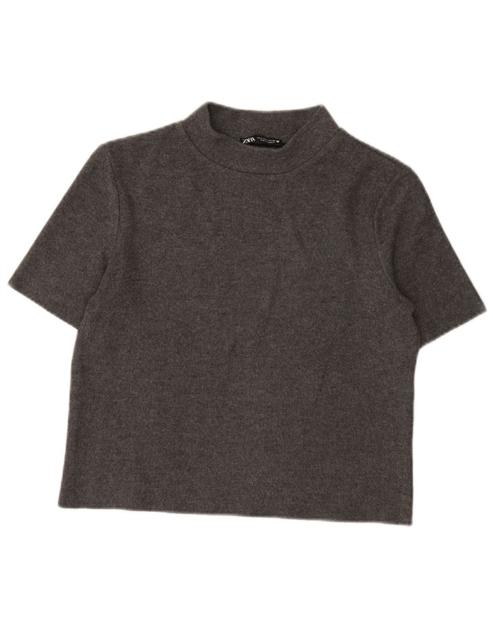 Zara Mujer Crop Camiseta Top UK 10 Small Gris Poliéster
