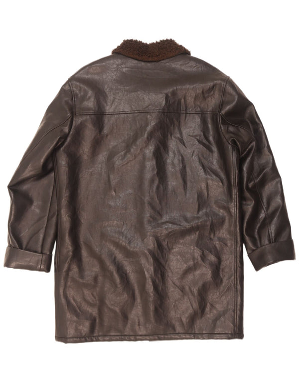 Vintage hombres Sherpa abrigo de cuero sintético Reino Unido 42 XL negro Micropolifil