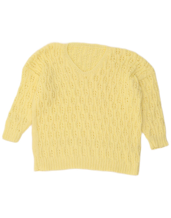 Vintage mujer 3/4 manga V-cuello jumper suéter Reino Unido 16 amarillo grande