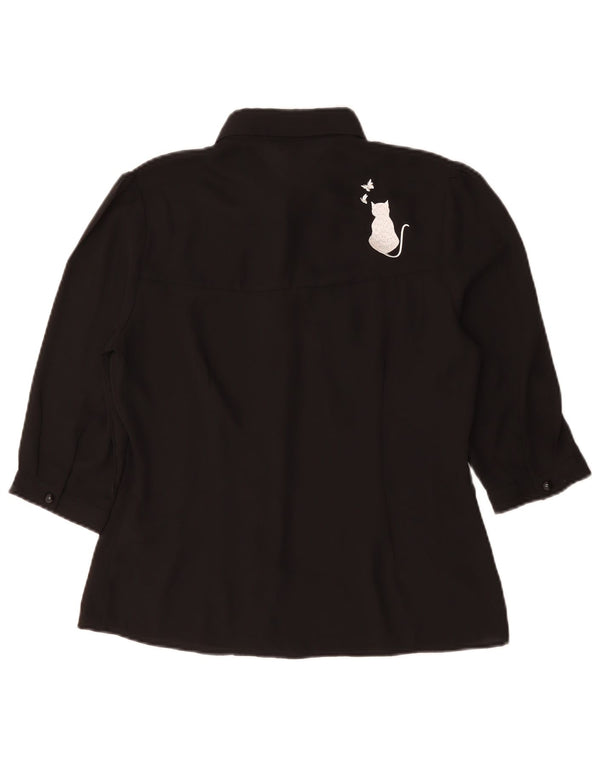 Vintage mujer gráfica manga corta camisa blusa Reino Unido 14 medio negro