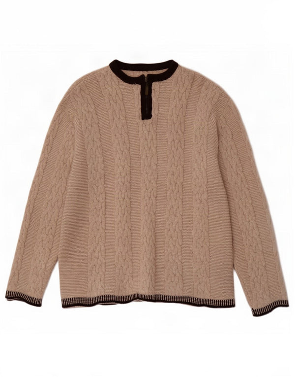 Vintage hombres zip cuello jersey suéter grande beige colorblock lana
