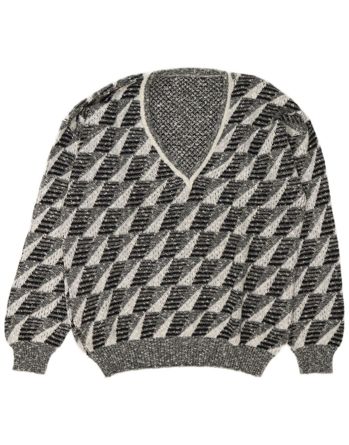 Vintage hombres V-cuello jumper suéter grande gris geométrico