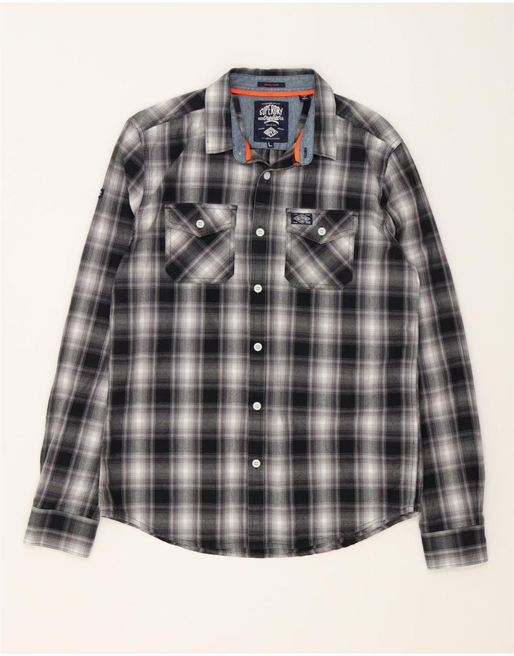 SUPERDRY Hombre Camisa Grande Algodón A Cuadros Negro