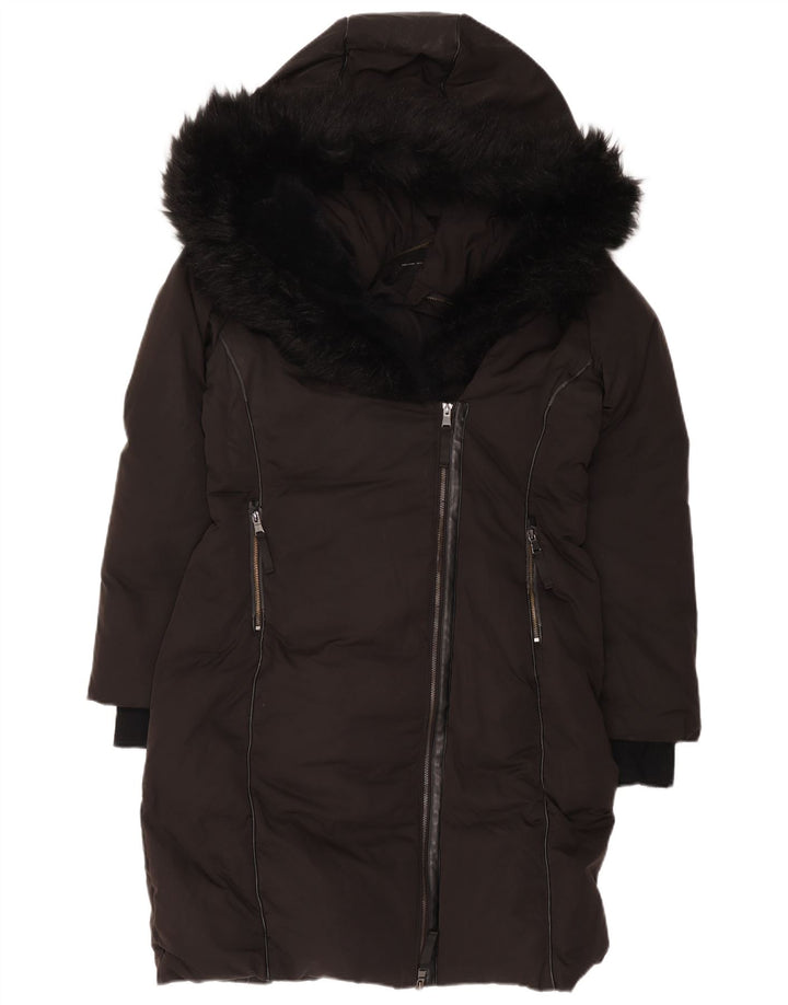 Zara Mujer Abrigo Acolchado Con Capucha UK 44 Medio Negro Poliéster