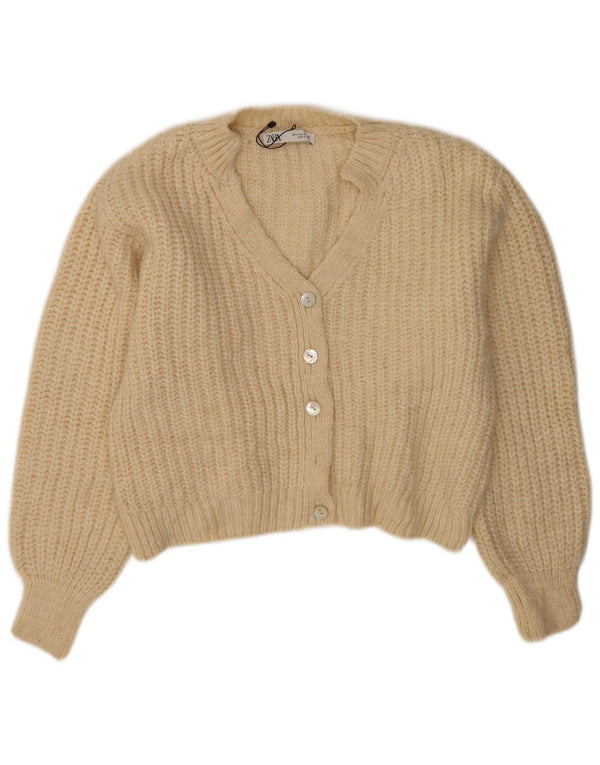 Zara Mujer Crop Cardigan Suéter UK 40 Medio Blanco Acrílico
