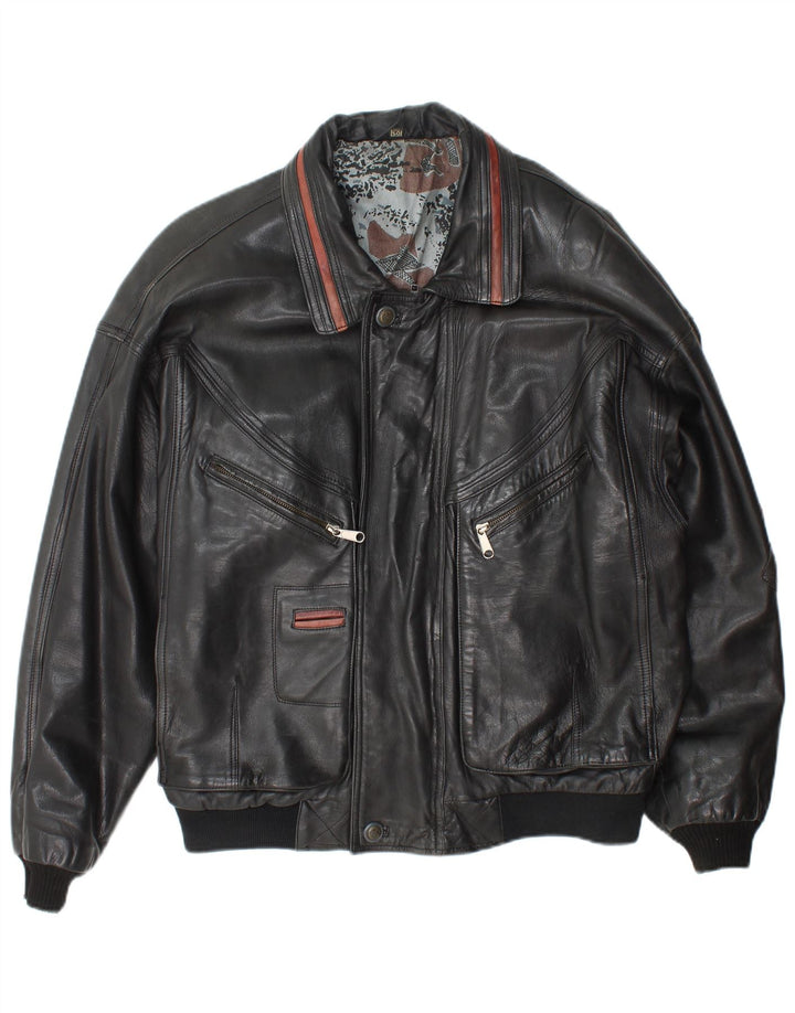 Angelo Litrico Chaqueta Bomber de Cuero para Hombre IT 50 Grande Cuero Negro