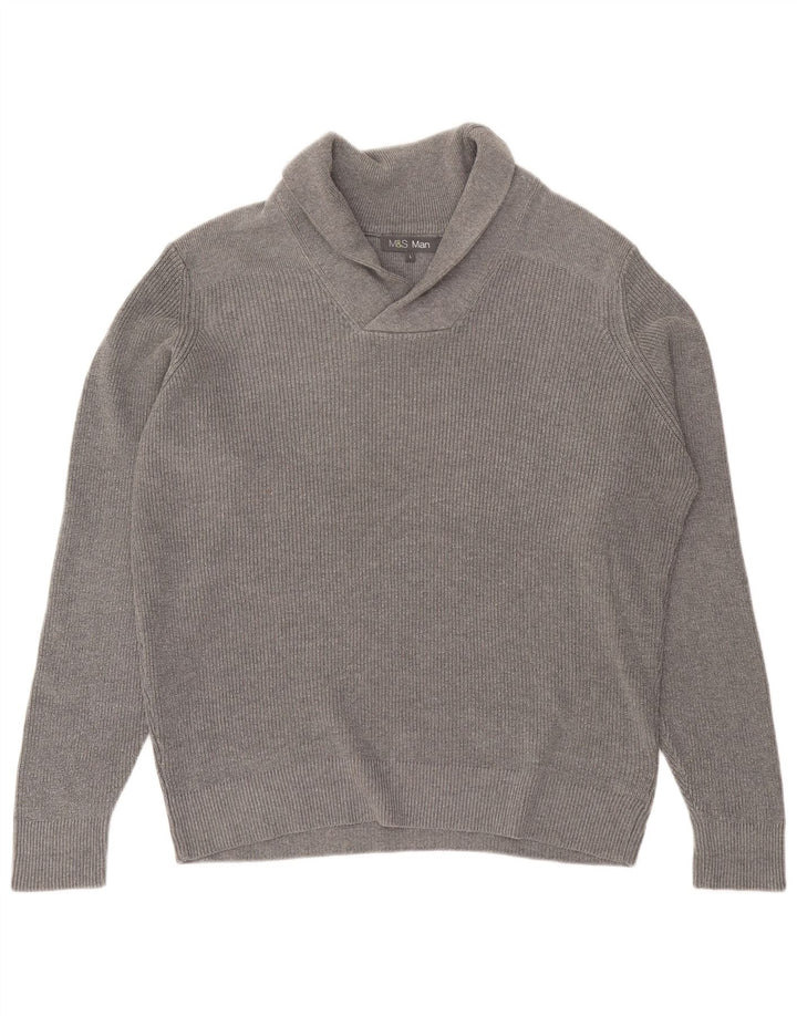Marks & Spencer Jersey con cuello tipo chal para hombre, talla grande, algodón gris