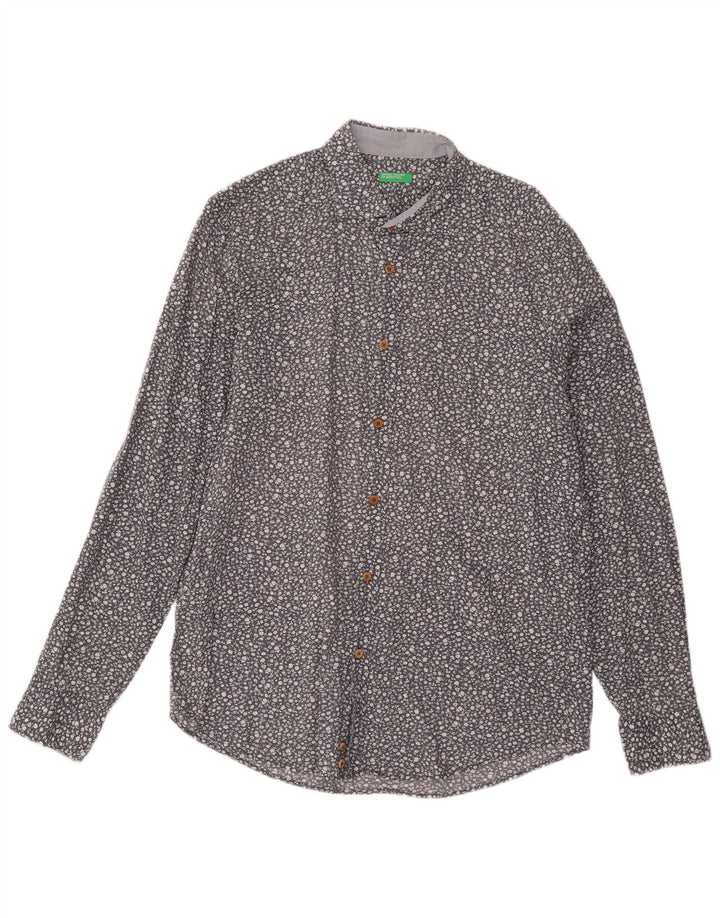 Benetton Hombre Camisa Grande De Algodón Floral Azul