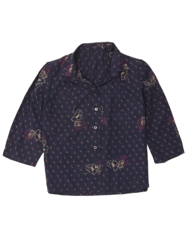 Vintage mujer 3/4 manga camisa blusa Reino Unido 12 medio azul marino floral