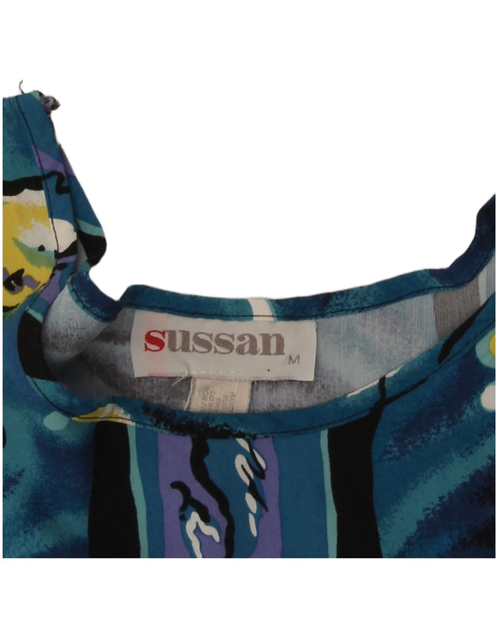 Vintage mujer cosecha patrón abstracto blusa Top Reino Unido 12 azul medio