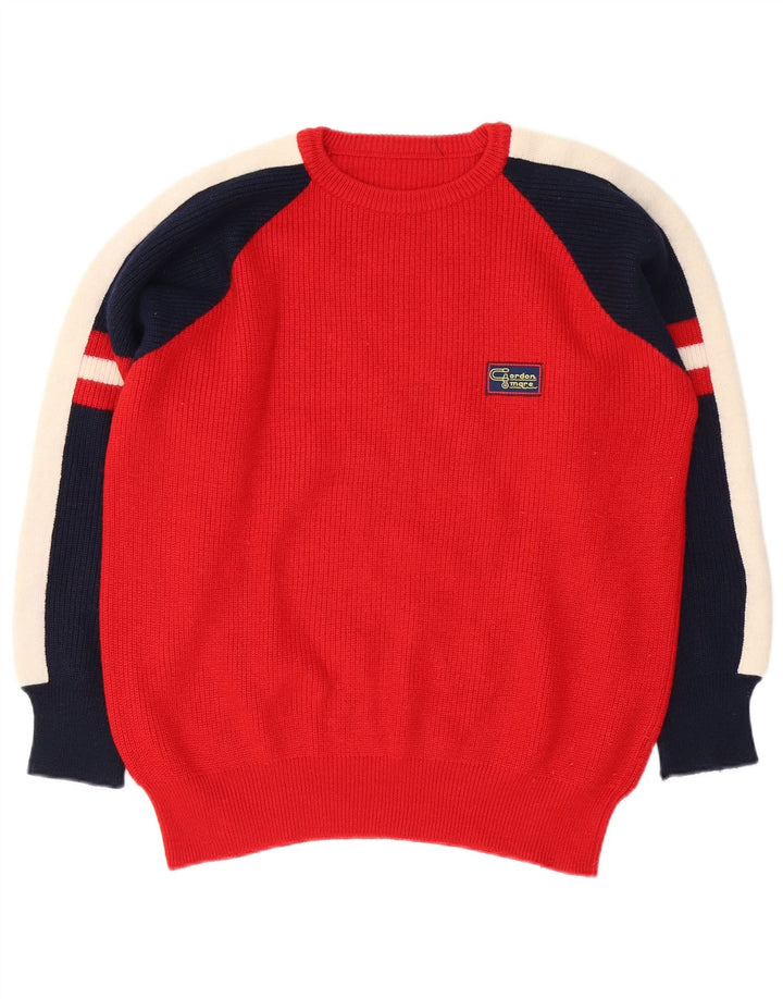Vintage hombres cuello redondo jersey suéter medio rojo colorblock