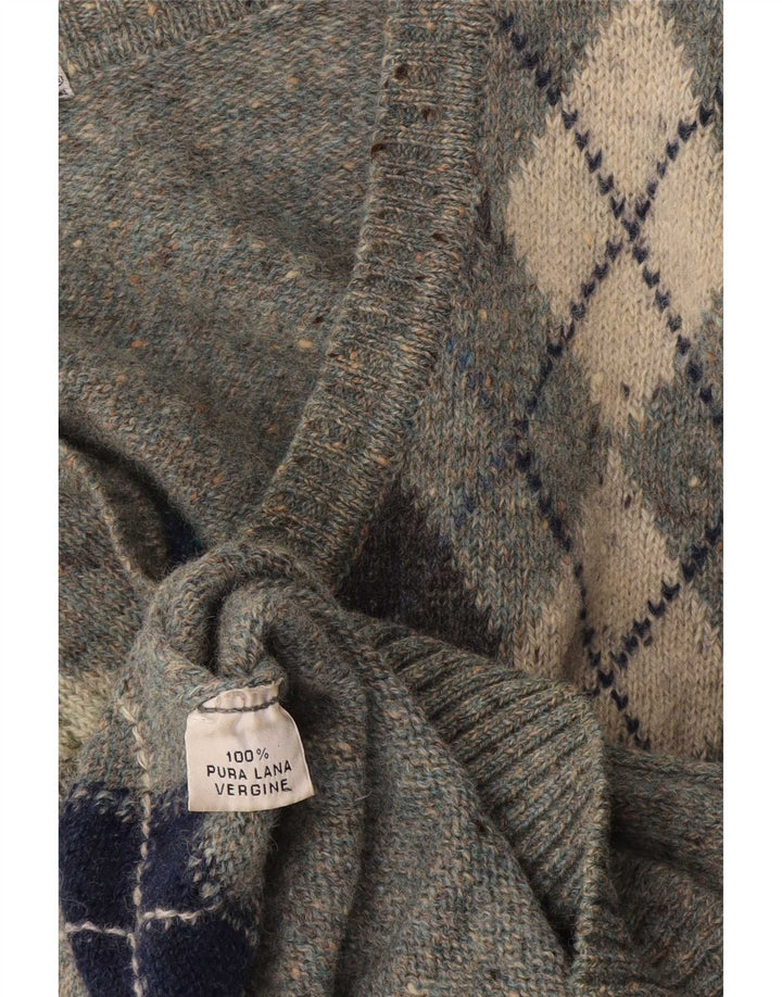 Vintage hombres V-cuello jumper suéter gris medio Argyle/diamante lana virgen