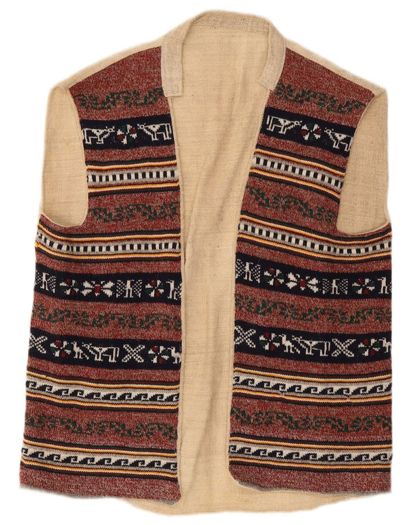 Vintage hombres abierto Gilet Reino Unido 38 medio borgoña geométrico